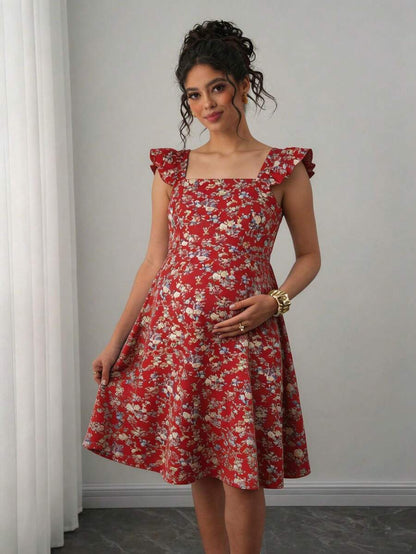 Maternity Casual All-Over Print Boho Summer Dress Square Neck High Waist A-Line Vacation Dress in Burgundy