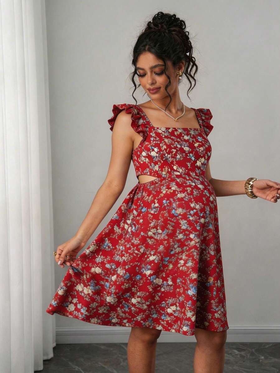 Maternity Casual All-Over Print Boho Summer Dress Square Neck High Waist A-Line Vacation Dress in Burgundy