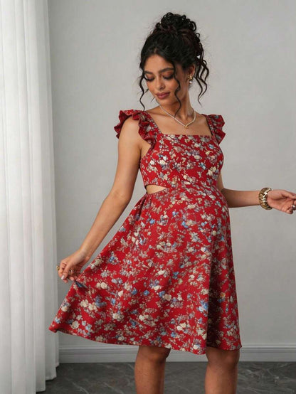 Maternity Casual All-Over Print Boho Summer Dress Square Neck High Waist A-Line Vacation Dress in Burgundy