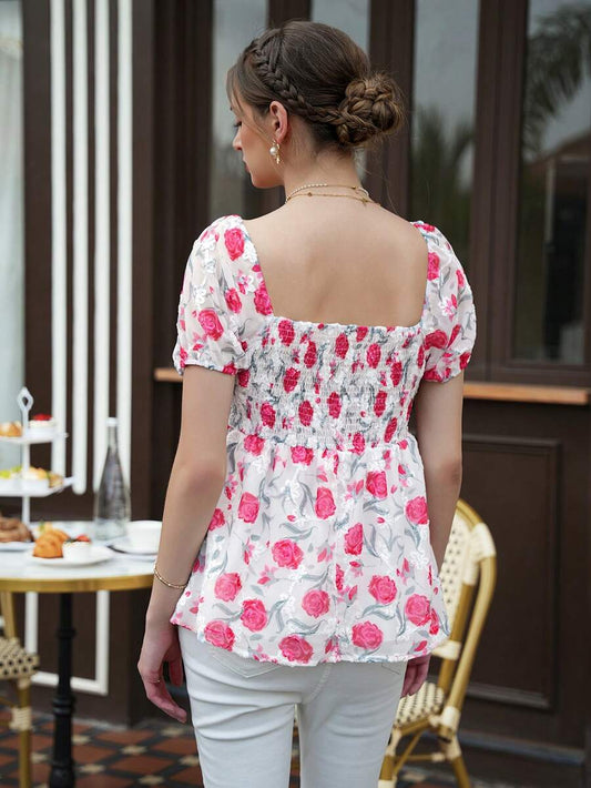 Maternity Floral Peplum Crop Top - Heart Shape Neckline, Puff Sleeve, Shirred, Multicolor