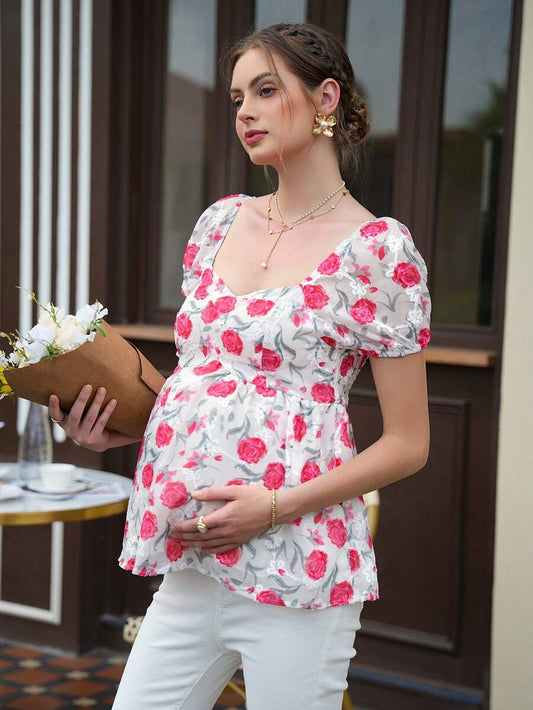 Maternity Floral Peplum Crop Top - Heart Shape Neckline, Puff Sleeve, Shirred, Multicolor