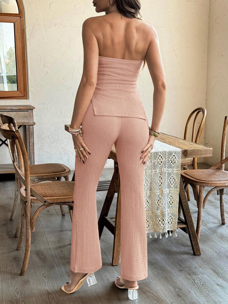 Maternity 2 Piece Set Strapless Bandeau Tube Top and Split Hem Flare Pants Slim Fit Knit Casual Pregnancy Outfit in Blue