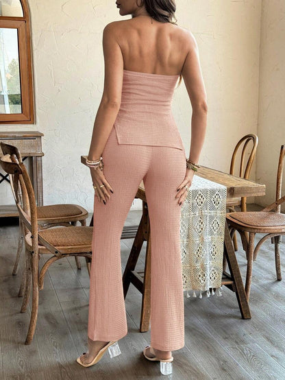 Maternity 2 Piece Set Strapless Bandeau Tube Top and Split Hem Flare Pants Slim Fit Knit Casual Pregnancy Outfit in Blue