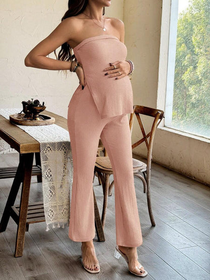 Maternity 2 Piece Set Strapless Bandeau Tube Top and Split Hem Flare Pants Slim Fit Knit Casual Pregnancy Outfit in Blue