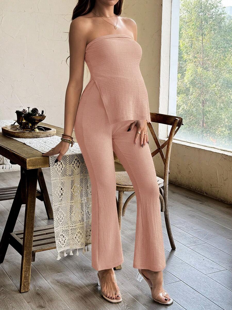 Maternity 2 Piece Set Strapless Bandeau Tube Top and Split Hem Flare Pants Slim Fit Knit Casual Pregnancy Outfit in Blue