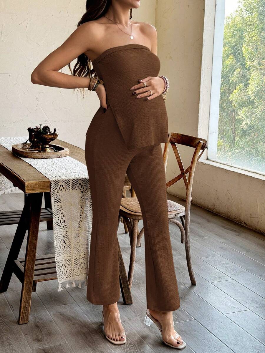 Maternity 2 Piece Set Strapless Bandeau Tube Top and Split Hem Flare Pants Slim Fit Knit Casual Pregnancy Outfit in Blue