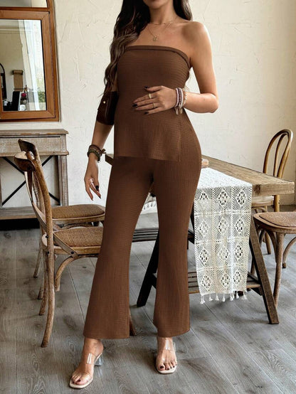 Maternity 2 Piece Set Strapless Bandeau Tube Top and Split Hem Flare Pants Slim Fit Knit Casual Pregnancy Outfit in Blue