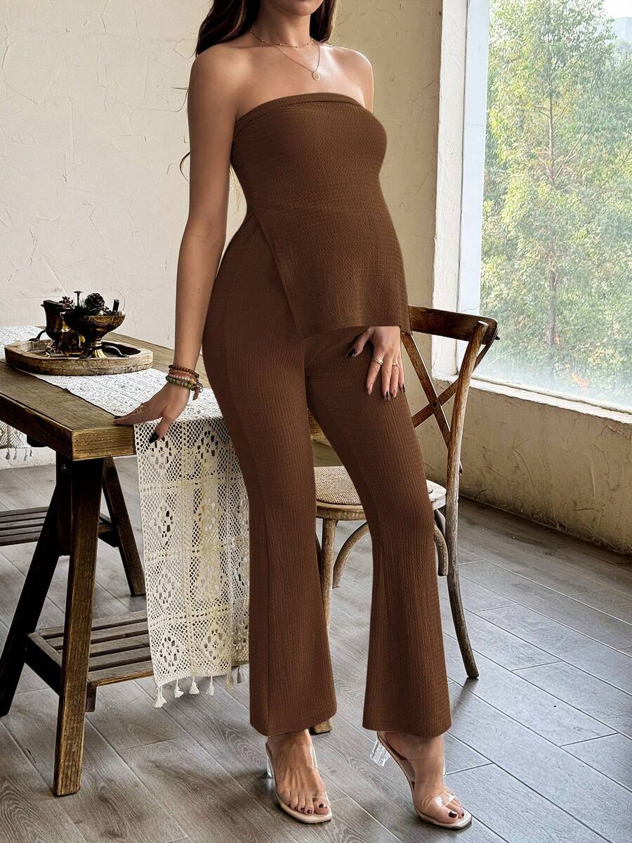 Maternity 2 Piece Set Strapless Bandeau Tube Top and Split Hem Flare Pants Slim Fit Knit Casual Pregnancy Outfit in Blue