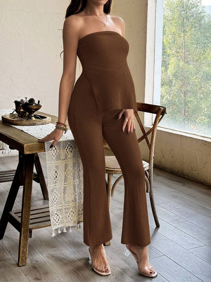 Maternity 2 Piece Set Strapless Bandeau Tube Top and Split Hem Flare Pants Slim Fit Knit Casual Pregnancy Outfit in Blue