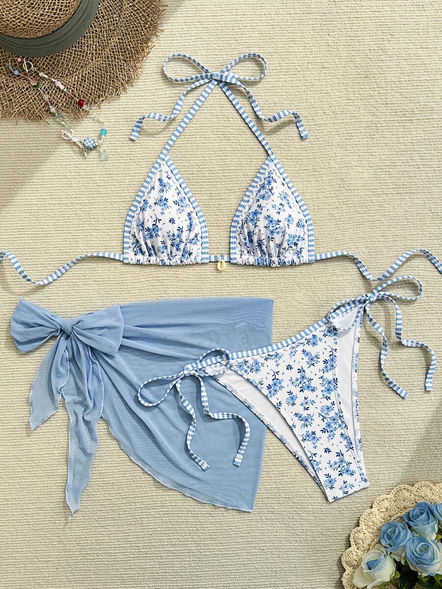 Women's 3-Piece Floral Halter Bikini Set - Skirt Bottom, Backless, High Waist, Blue and White