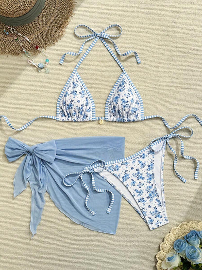 Women's 3-Piece Floral Halter Bikini Set - Skirt Bottom, Backless, High Waist, Blue and White