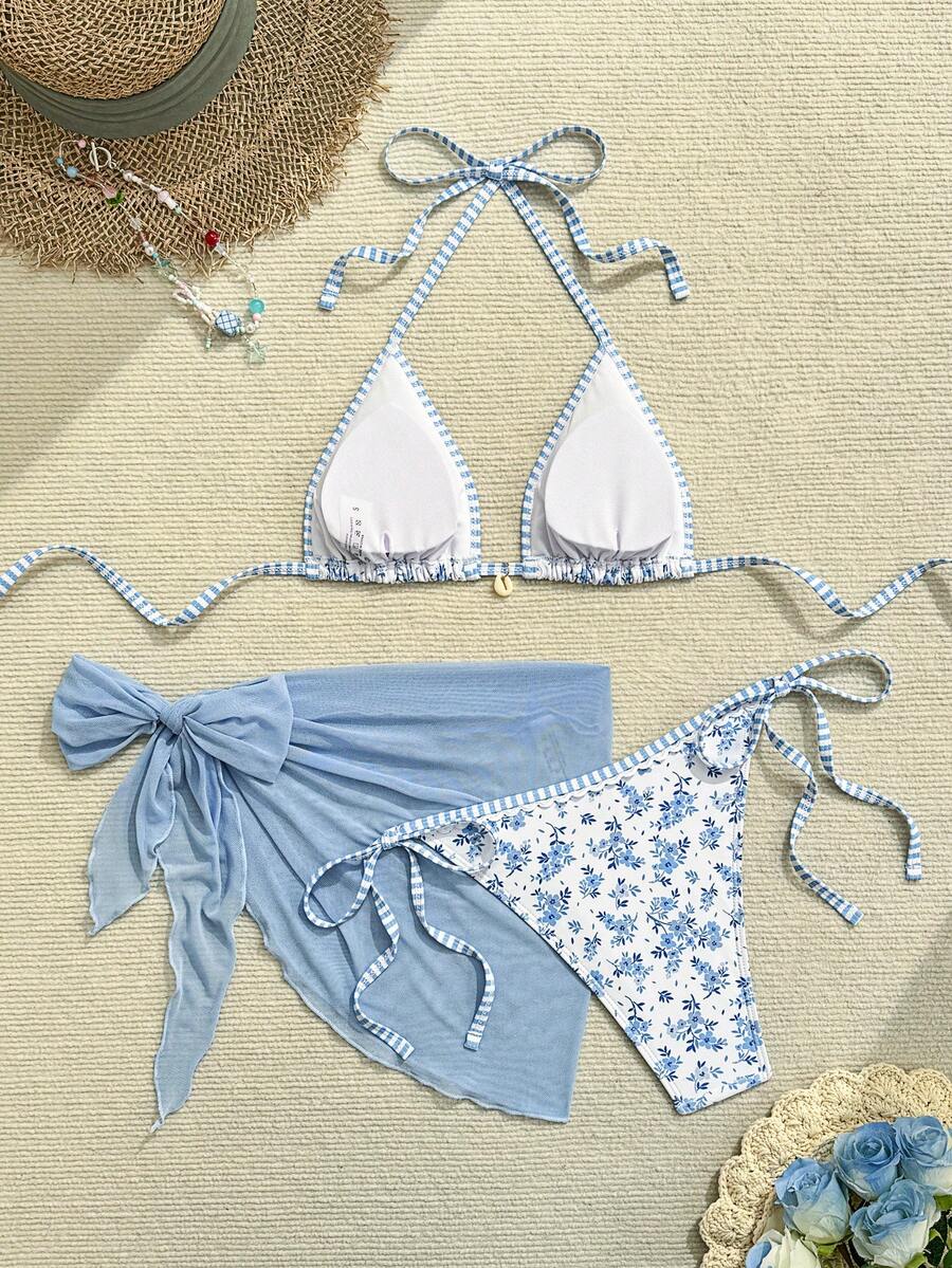 Women's 3-Piece Floral Halter Bikini Set - Skirt Bottom, Backless, High Waist, Blue and White