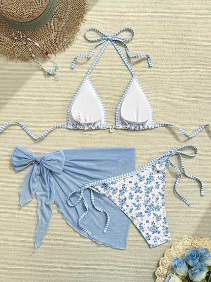 Women's 3-Piece Floral Halter Bikini Set - Skirt Bottom, Backless, High Waist, Blue and White