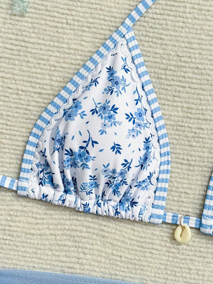 Women's 3-Piece Floral Halter Bikini Set - Skirt Bottom, Backless, High Waist, Blue and White