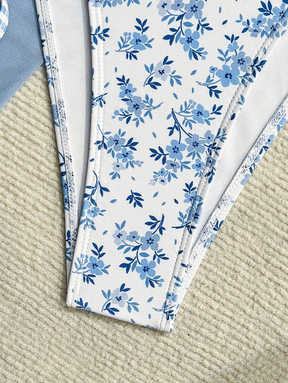 Women's 3-Piece Floral Halter Bikini Set - Skirt Bottom, Backless, High Waist, Blue and White