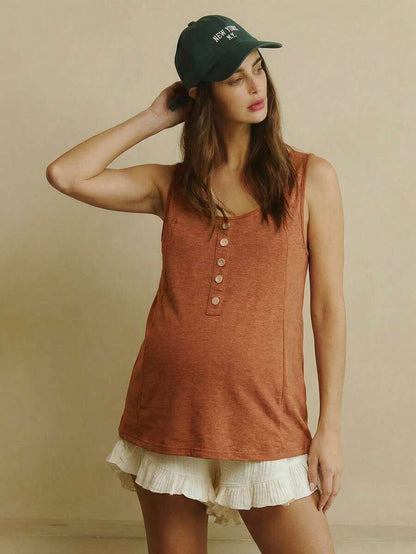 Women's Black Sleeveless Nursing Top Scoop Neck Button Front Maternity Pullover with Pockets High Stretch Knitted Daily Casual Tank