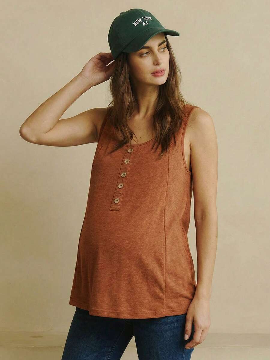 Maternity Solid Color Scoop Neck Sleeveless Nursing Top - Casual Summer Pullover