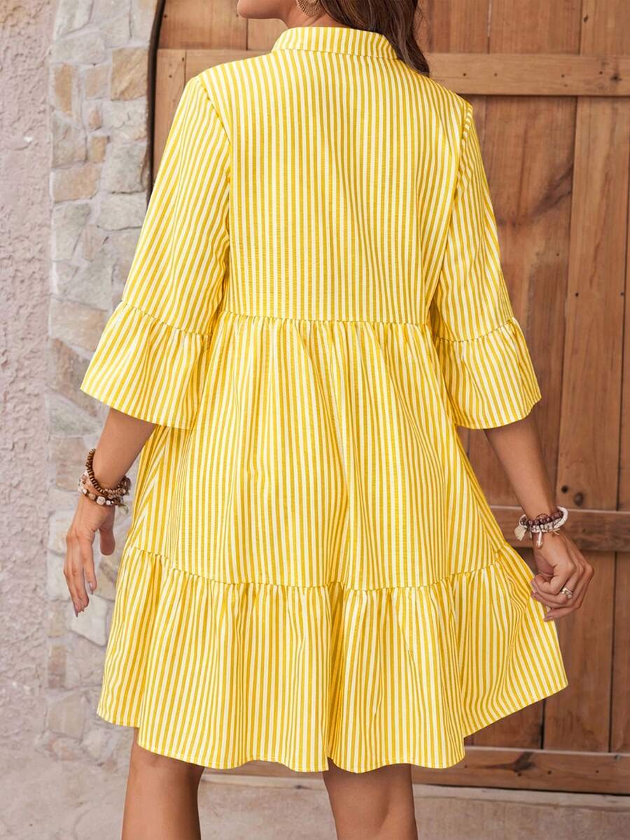 Maternity Striped Smock Dress - Notched Neck, Flounce Sleeve, High Waist, Navy Blue