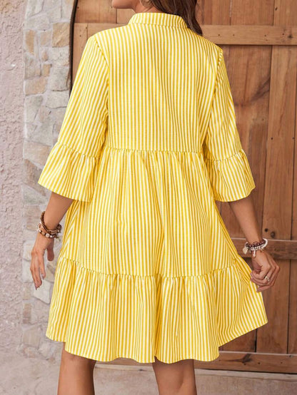 Maternity Striped Smock Dress - Notched Neck, Flounce Sleeve, High Waist, Navy Blue