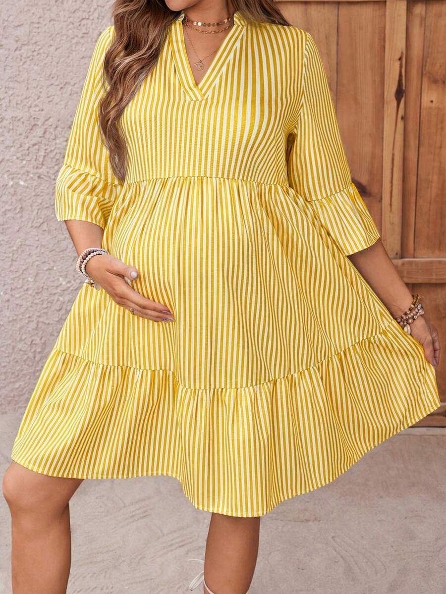 Maternity Striped Smock Dress - Notched Neck, Flounce Sleeve, High Waist, Navy Blue