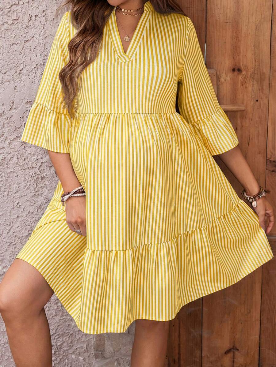Maternity Striped Smock Dress - Notched Neck, Flounce Sleeve, High Waist, Navy Blue