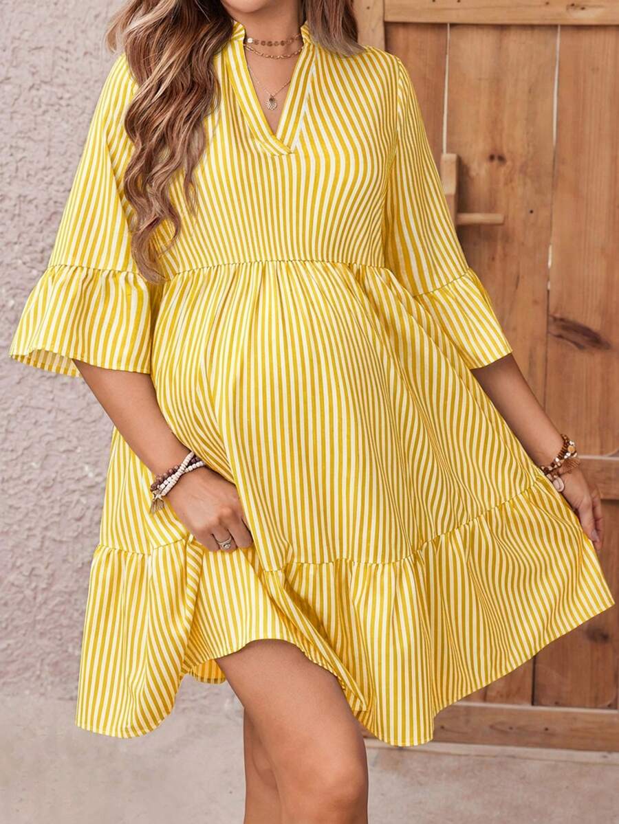 Maternity Striped Smock Dress - Notched Neck, Flounce Sleeve, High Waist, Navy Blue