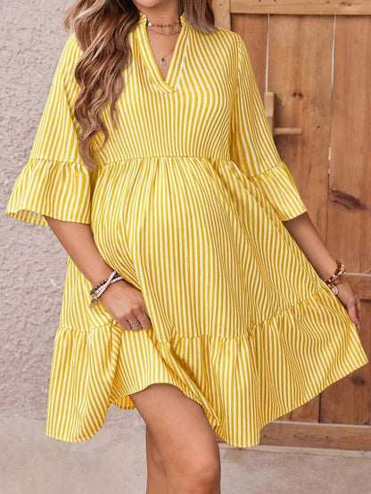 Maternity Striped Smock Dress - Notched Neck, Flounce Sleeve, High Waist, Navy Blue