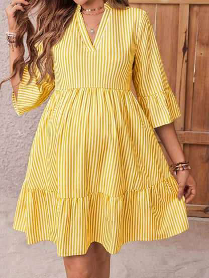 Maternity Striped Smock Dress - Notched Neck, Flounce Sleeve, High Waist, Navy Blue