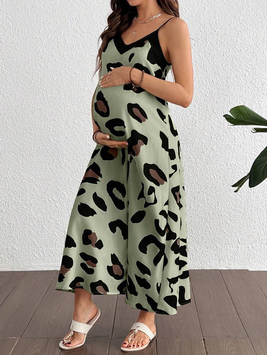 Maternity Leopard Print V-Neck Camisole Dress - Sleeveless Flared Midi Dress