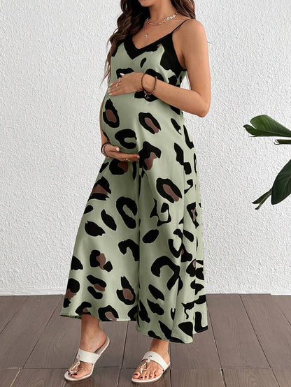Maternity Casual Leopard Print V-Neck Sleeveless Midi Dress High Waist Backless Spaghetti Strap Cami Dress for Daily Wear