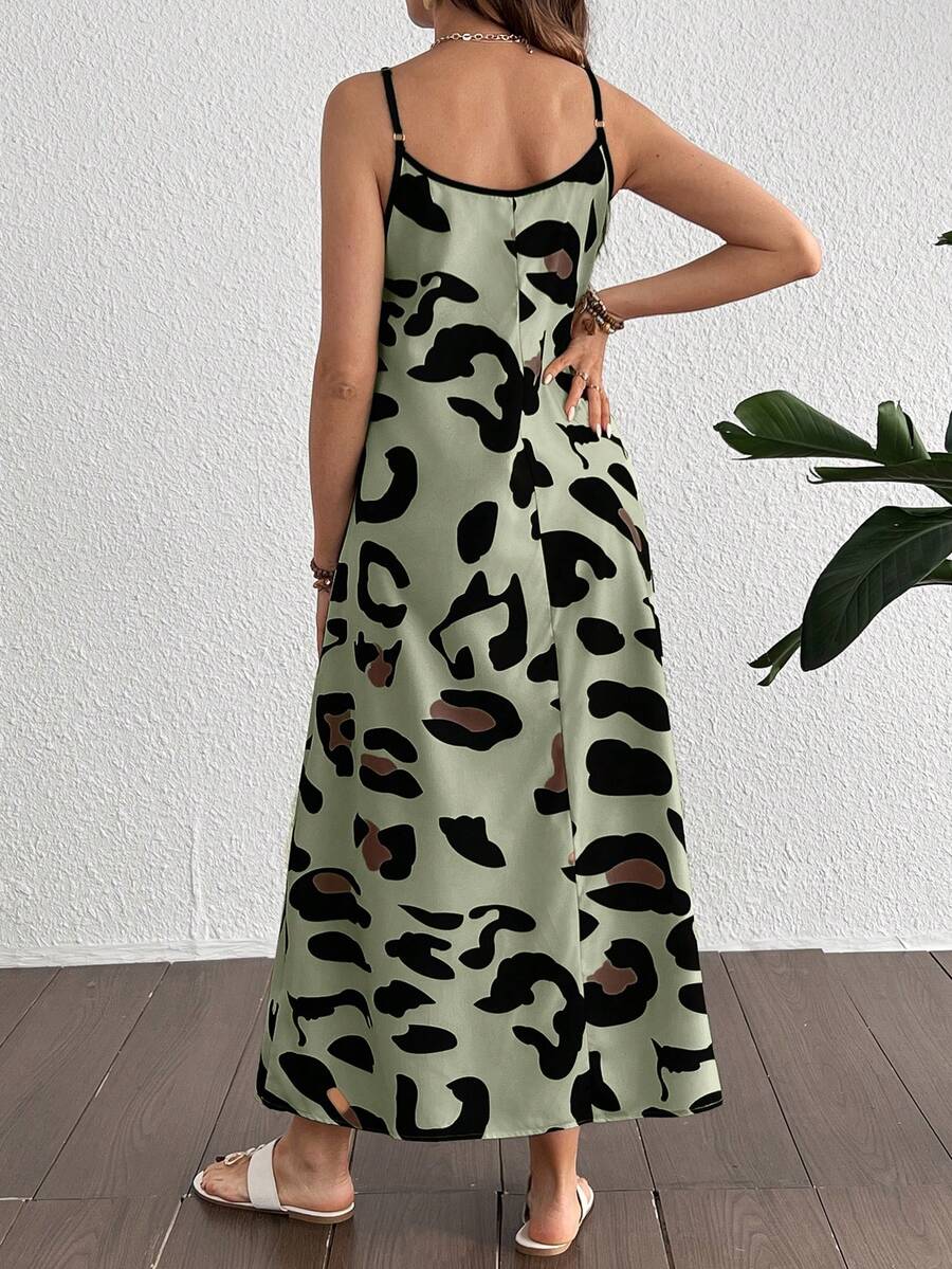 Maternity Leopard Print V-Neck Camisole Dress - Sleeveless Flared Midi Dress