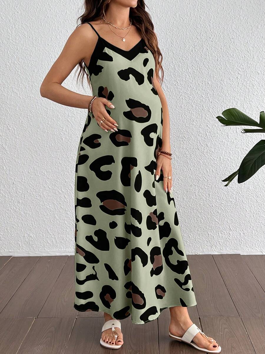 Maternity Casual Leopard Print V-Neck Sleeveless Midi Dress High Waist Backless Spaghetti Strap Cami Dress for Daily Wear