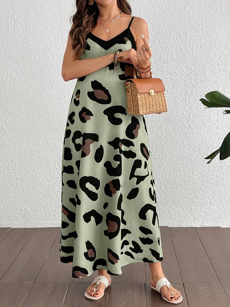 Maternity Leopard Print V-Neck Camisole Dress - Sleeveless Flared Midi Dress