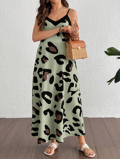Maternity Leopard Print V-Neck Camisole Dress - Sleeveless Flared Midi Dress
