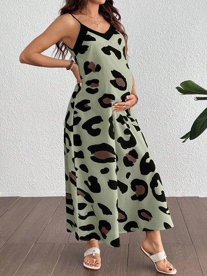 Maternity Casual Leopard Print V-Neck Sleeveless Midi Dress High Waist Backless Spaghetti Strap Cami Dress for Daily Wear