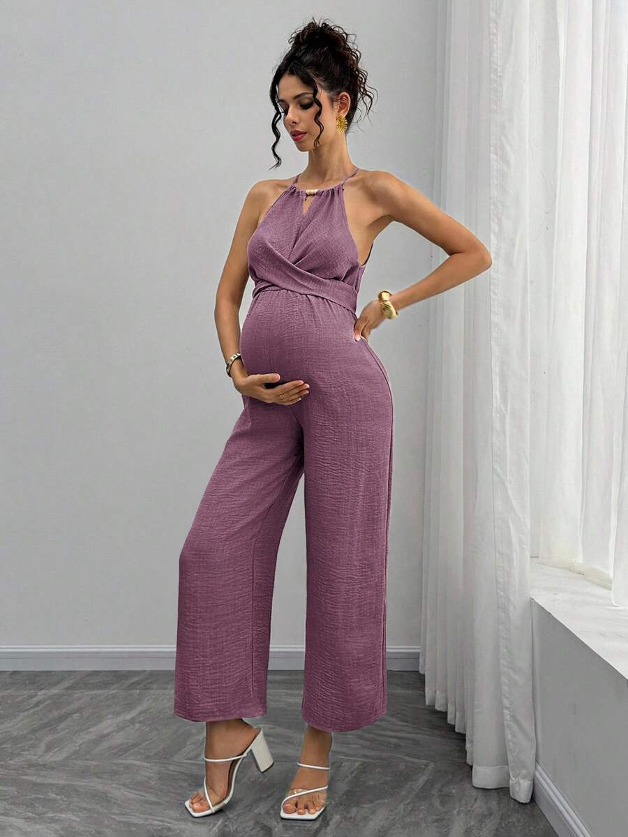 Maternity Jumpsuit With Wooden Bead Halter Neck, Tie Front Waist Bow Detail, Full Length Pants Maternity Women Pregnancy Clothes Maternity Clothes Baby Shower Guest Outfit Maternity Jumpsuits For Woman Jumpsuit For Pregnant Woman Pregnancy Outfits