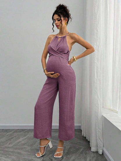 Maternity Jumpsuit With Wooden Bead Halter Neck, Tie Front Waist Bow Detail, Full Length Pants Maternity Women Pregnancy Clothes Maternity Clothes Baby Shower Guest Outfit Maternity Jumpsuits For Woman Jumpsuit For Pregnant Woman Pregnancy Outfits