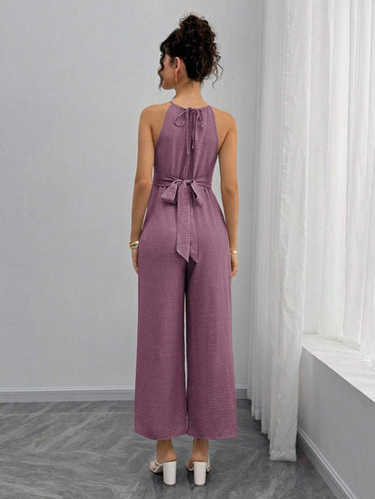 Maternity Jumpsuit With Wooden Bead Halter Neck, Tie Front Waist Bow Detail, Full Length Pants Maternity Women Pregnancy Clothes Maternity Clothes Baby Shower Guest Outfit Maternity Jumpsuits For Woman Jumpsuit For Pregnant Woman Pregnancy Outfits