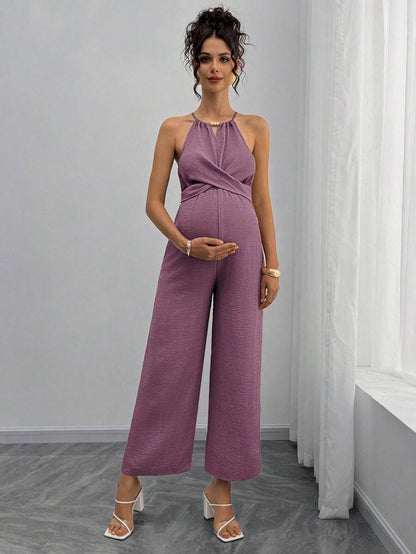 Maternity Jumpsuit With Wooden Bead Halter Neck, Tie Front Waist Bow Detail, Full Length Pants Maternity Women Pregnancy Clothes Maternity Clothes Baby Shower Guest Outfit Maternity Jumpsuits For Woman Jumpsuit For Pregnant Woman Pregnancy Outfits