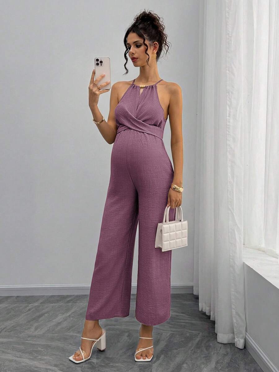 Maternity Jumpsuit With Wooden Bead Halter Neck, Tie Front Waist Bow Detail, Full Length Pants Maternity Women Pregnancy Clothes Maternity Clothes Baby Shower Guest Outfit Maternity Jumpsuits For Woman Jumpsuit For Pregnant Woman Pregnancy Outfits
