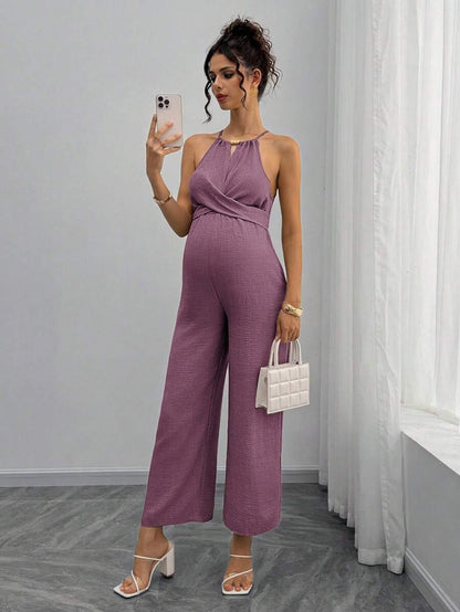 Maternity Jumpsuit With Wooden Bead Halter Neck, Tie Front Waist Bow Detail, Full Length Pants Maternity Women Pregnancy Clothes Maternity Clothes Baby Shower Guest Outfit Maternity Jumpsuits For Woman Jumpsuit For Pregnant Woman Pregnancy Outfits