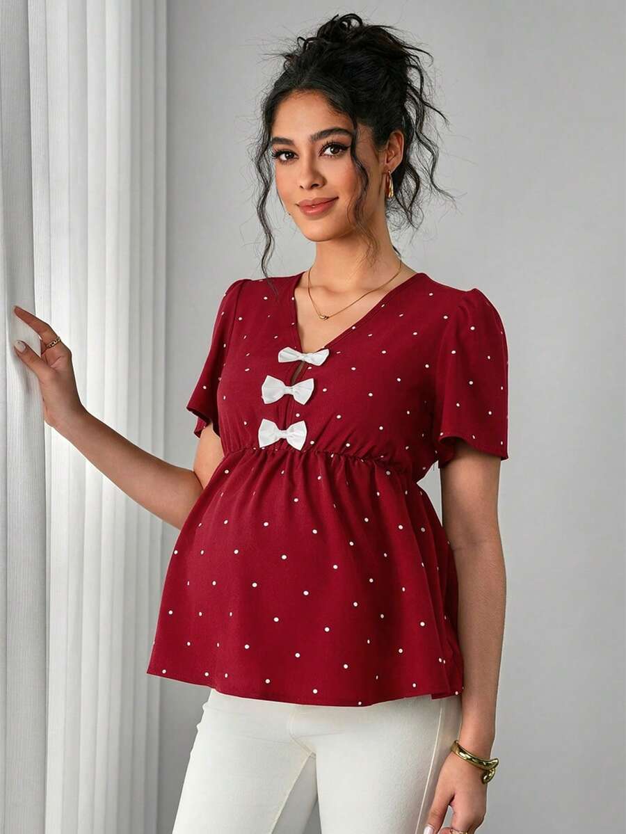 Maternity Polka Dot Peplum Top - V Neck, Bow Decor, Puff Sleeve, A-Line Hem, Navy Blue