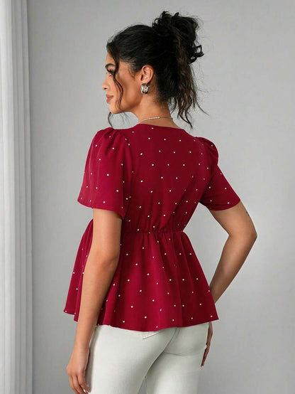 Maternity Polka Dot Peplum Top - V Neck, Bow Decor, Puff Sleeve, A-Line Hem, Navy Blue