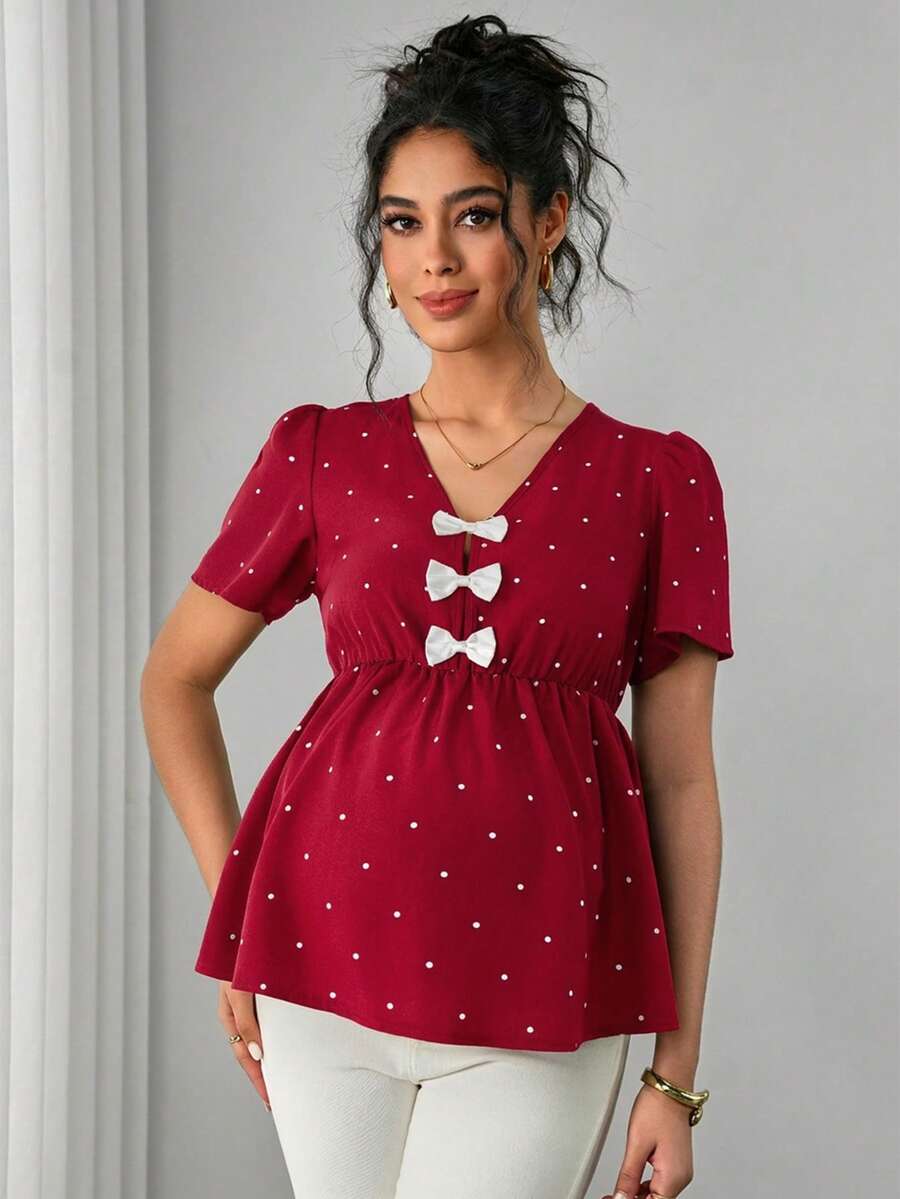 Maternity Polka Dot Peplum Top - V Neck, Bow Decor, Puff Sleeve, A-Line Hem, Navy Blue