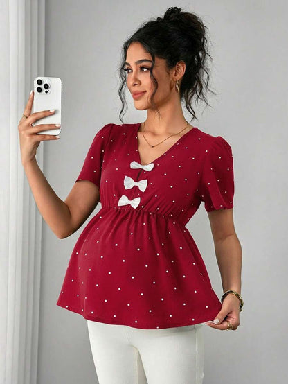 Maternity Polka Dot Peplum Top - V Neck, Bow Decor, Puff Sleeve, A-Line Hem, Navy Blue