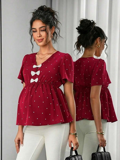 Maternity Polka Dot Peplum Top - V Neck, Bow Decor, Puff Sleeve, A-Line Hem, Navy Blue