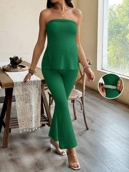 Maternity 2 Piece Set Strapless Bandeau Tube Top and Split Hem Flare Pants Slim Fit Knit Casual Pregnancy Outfit in Blue