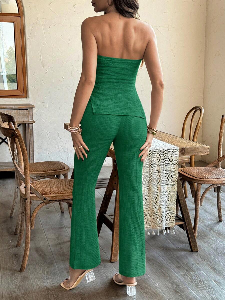 Maternity 2 Piece Set Strapless Bandeau Tube Top and Split Hem Flare Pants Slim Fit Knit Casual Pregnancy Outfit in Blue