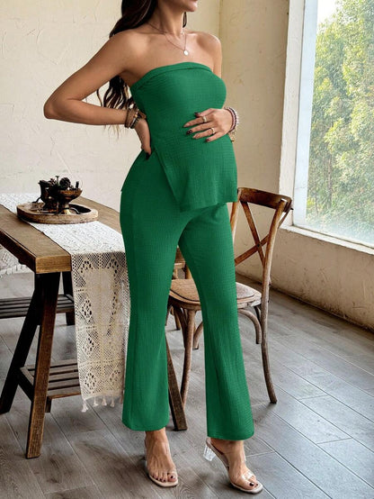 Maternity 2 Piece Set Strapless Bandeau Tube Top and Split Hem Flare Pants Slim Fit Knit Casual Pregnancy Outfit in Blue