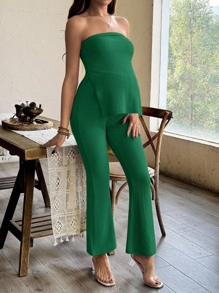 Maternity 2 Piece Set Strapless Bandeau Tube Top and Split Hem Flare Pants Slim Fit Knit Casual Pregnancy Outfit in Blue
